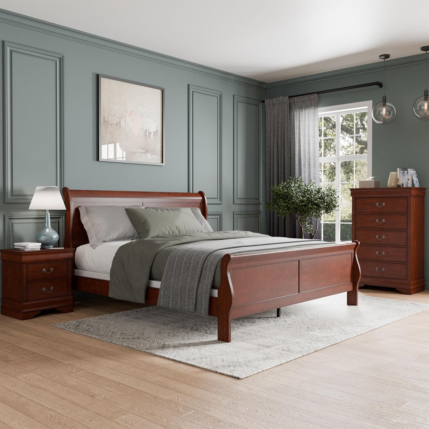 Furniture of America Arabella Traditional Solid Wood 3 Piece Bedroom Set, King Bed Frame, Nightstand, and Chest, Chic Sleigh Design Bedframe with Headboard and Footboard, Box Spring Needed, Cherry