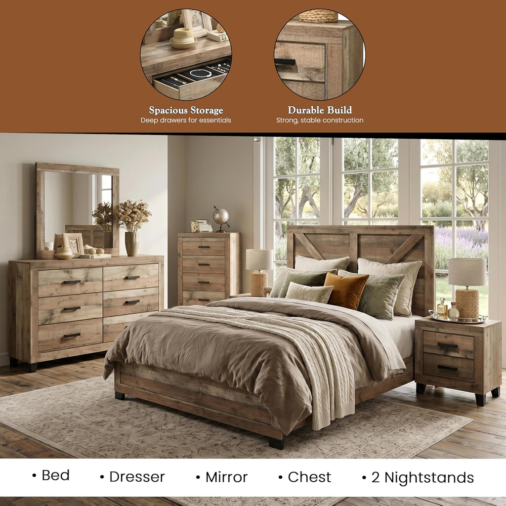 Kings Brand Furniture 6-Piece Antique Natural King Size Bedroom Set - Bed, Dresser, Mirror, Chest and 2 Nightstands