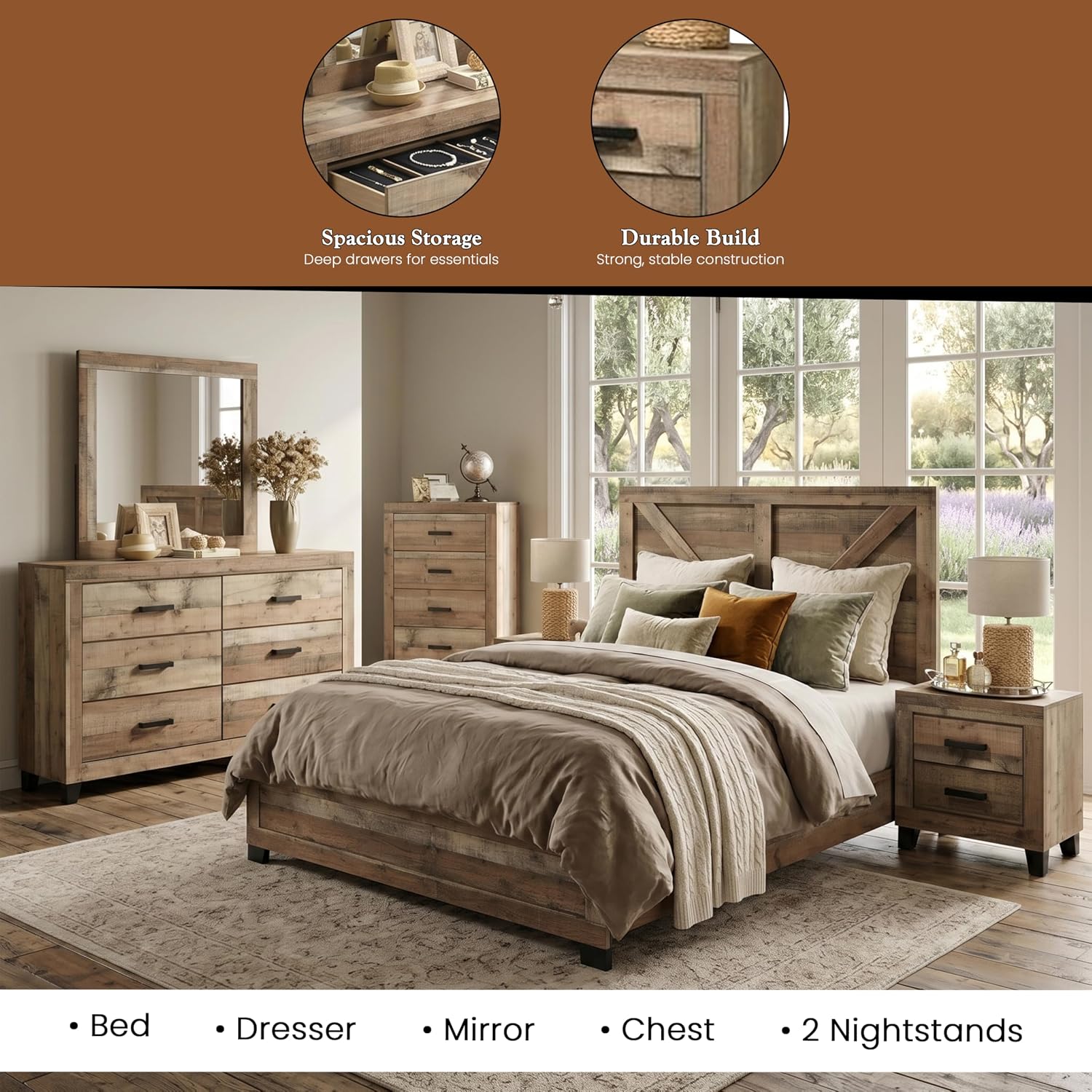 Kings Brand Furniture 6-Piece Antique Natural King Size Bedroom Set - Bed, Dresser, Mirror, Chest and 2 Nightstands