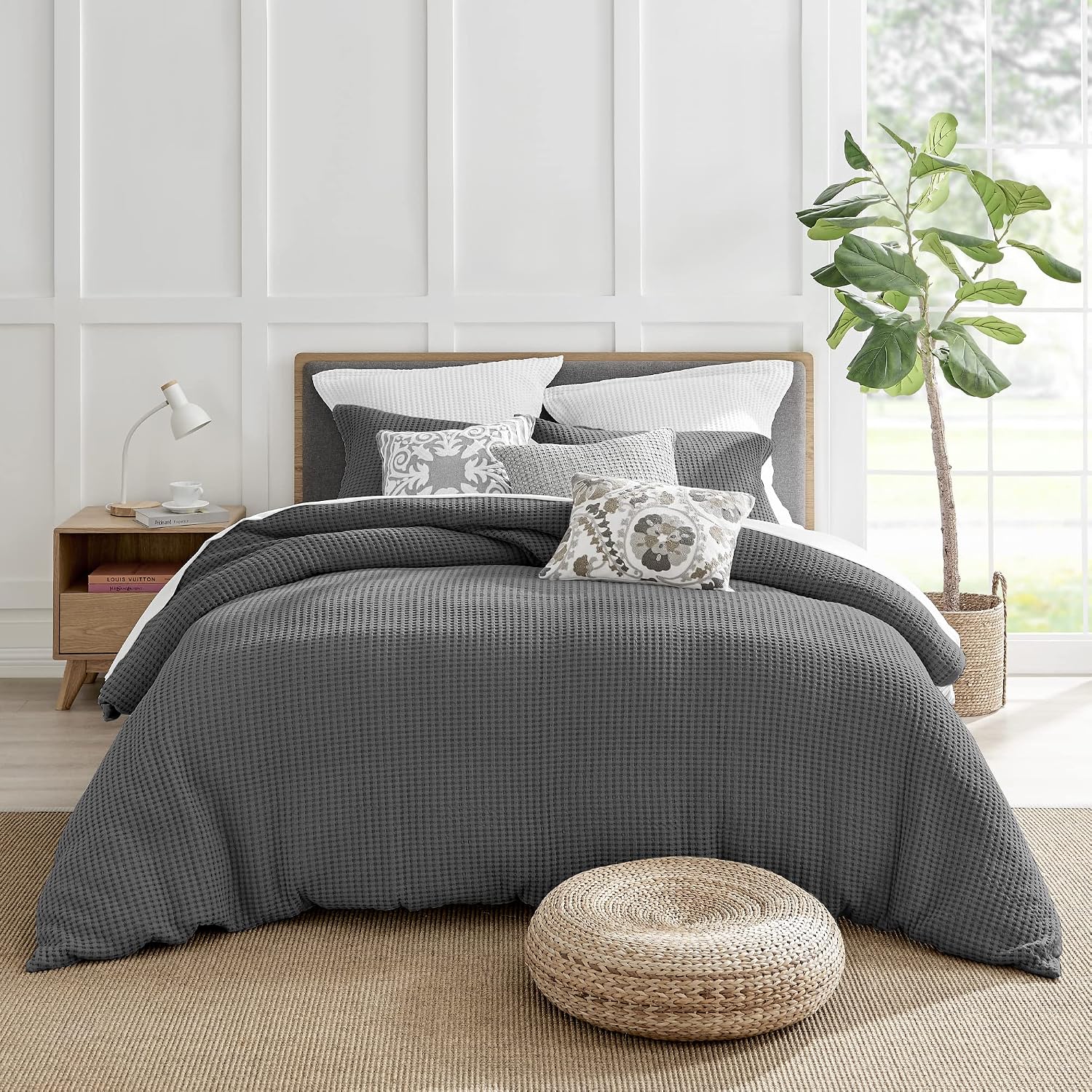 Levtex Home Mills Waffle Queen Duvet Cover Set (90x94in) with 2 Pillow Shams (26x20in) - Charcoal - 100% Cotton Queen Size Duvet Cover Set - Soft, Pre-Washed