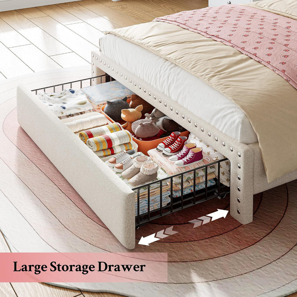 EnHomee Twin Fabric Upholstered Bed Frame with 2-Tier Vertical Channel Tufted Headboard and 2 Storage Drawers, Extra Storage Space for Bedroom Apartment, Beige