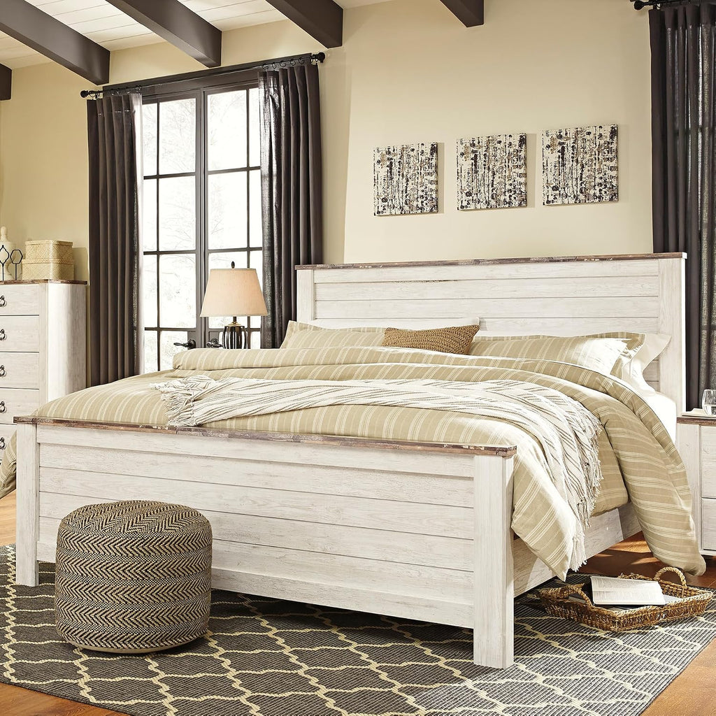 Signature Design by Ashley Willowton Shabby Chic Queen Panel Bed with Metal Slats, Foundation or Box Spring Needed, Whitewash