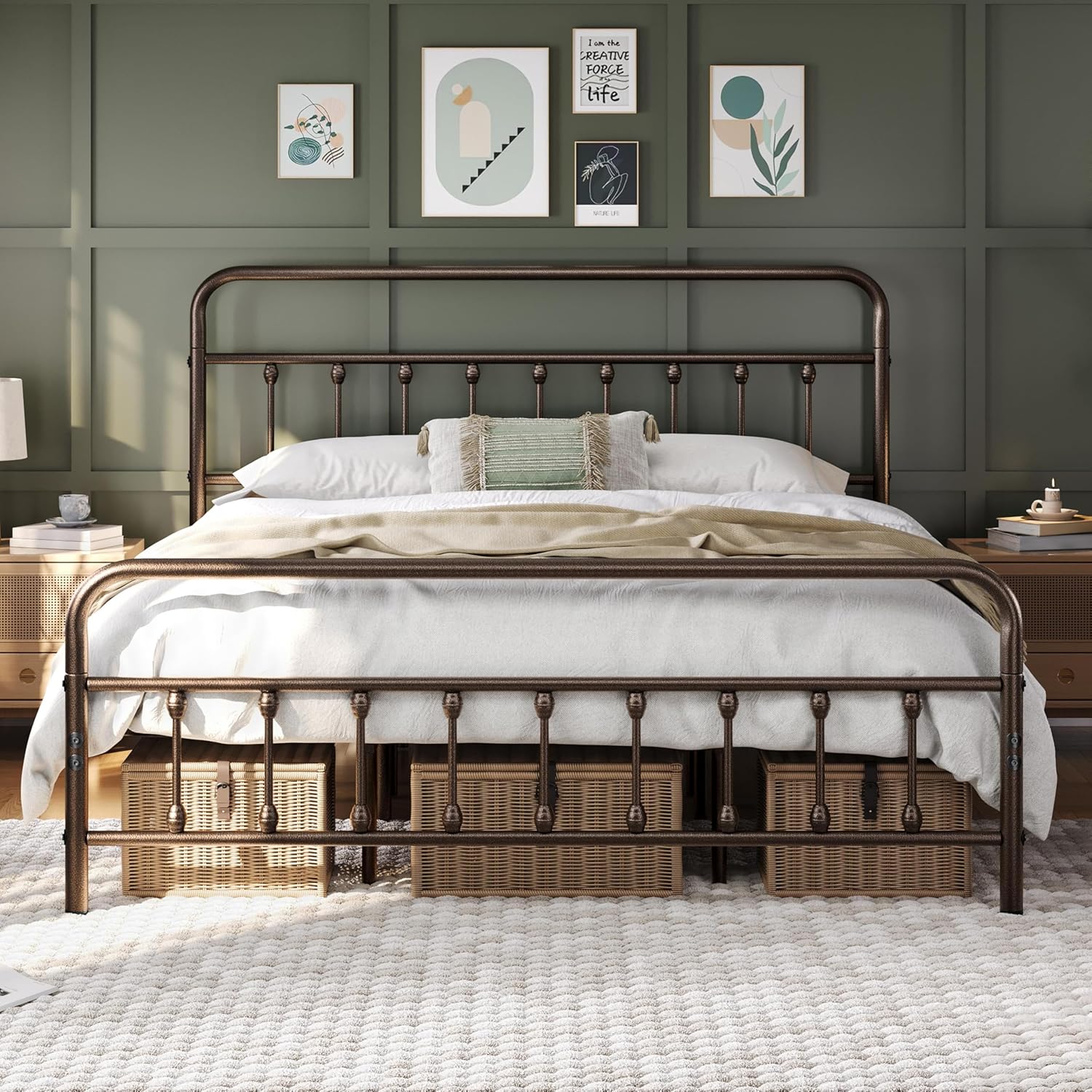 Yaheetech Classic Metal Platform Bed Frame Mattress Foundation with Victorian Style Iron-Art Headboard/Footboard/Under Bed Storage/No Box Spring Needed/King Size Bronze