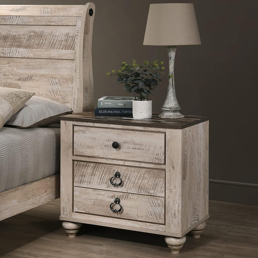 Roundhill Furniture Imerland White Wash Finish 3-Piece Bedroom Set-Sleigh Bed and Two Nightstands, King Size