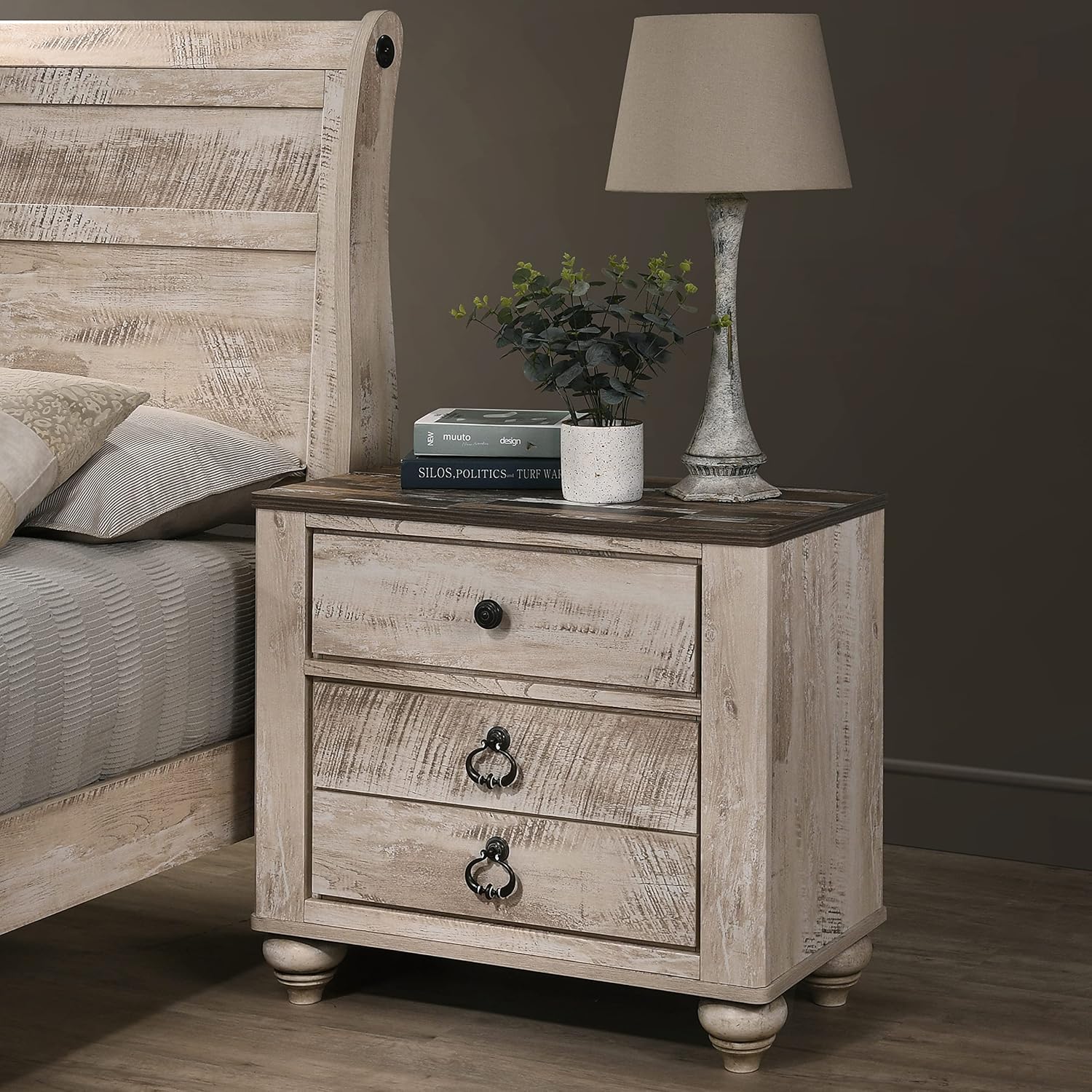 Roundhill Furniture Imerland White Wash Finish 3-Piece Bedroom Set-Sleigh Bed and Two Nightstands, King Size