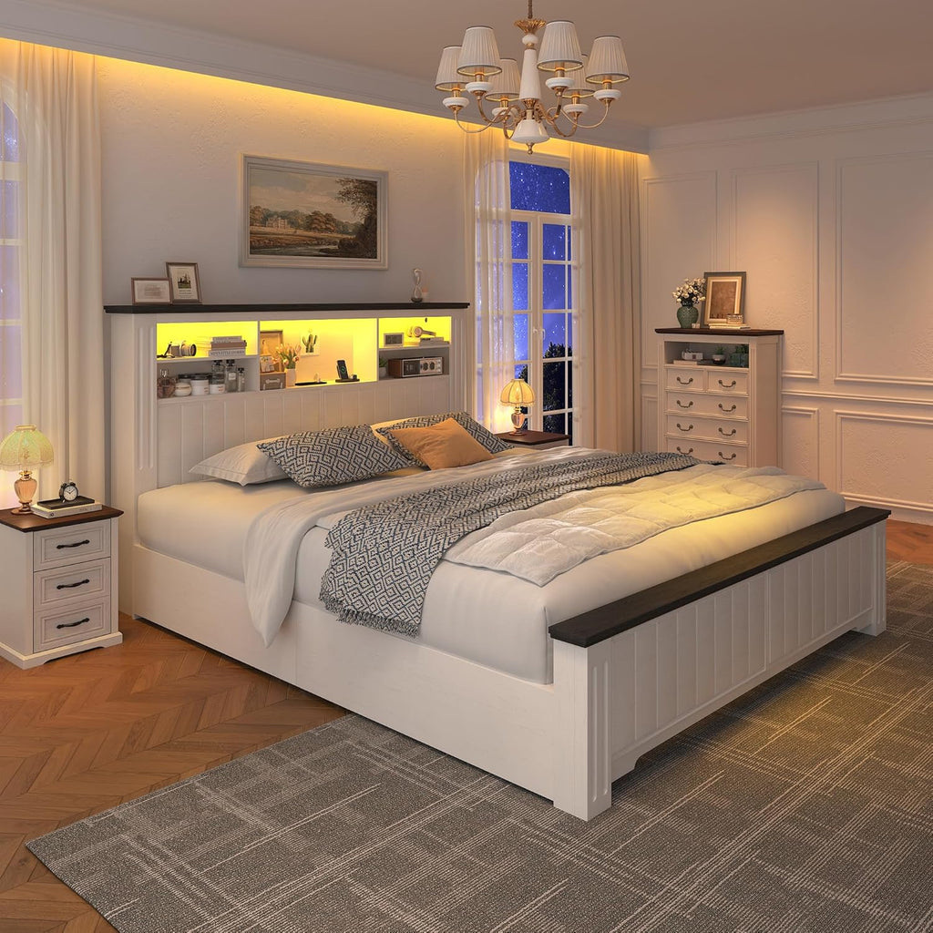 EnHomee Full Size Bed Frame with Storage, Full Bed Frame with 4 Drawers Charging Port & LED,Bed Frame with Headboard Built in Charging Station,No Box Spring Needed,NO Noise,White with Grain Marks