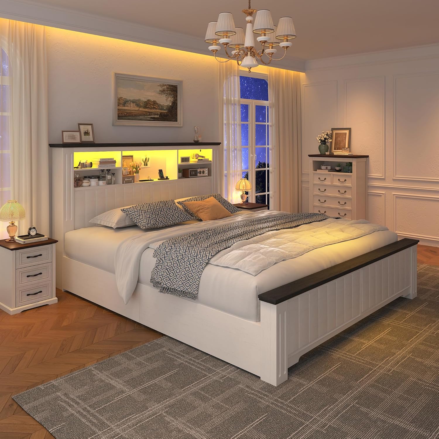 EnHomee Full Size Bed Frame with Storage, Full Bed Frame with 4 Drawers Charging Port & LED,Bed Frame with Headboard Built in Charging Station,No Box Spring Needed,NO Noise,White with Grain Marks