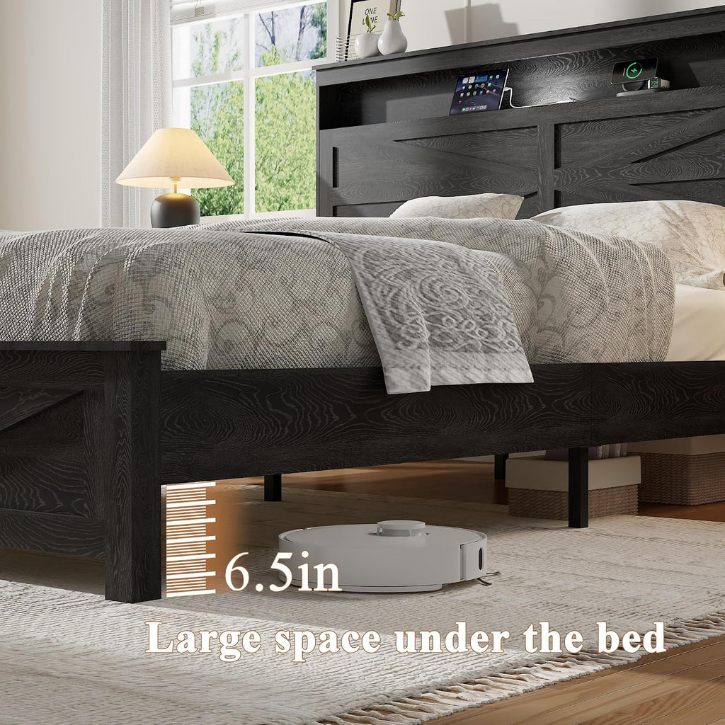Farmhouse Wooden Bed Frame King Size with Storage Headboard, Boho Platform Bedframe with LED Lights and Charging Station, Metal Slats Support, No Box Spring Needed, Rustic Black