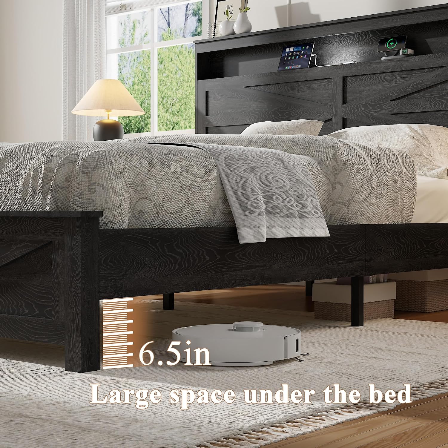 Farmhouse Wooden Bed Frame King Size with Storage Headboard, Boho Platform Bedframe with LED Lights and Charging Station, Metal Slats Support, No Box Spring Needed, Rustic Black