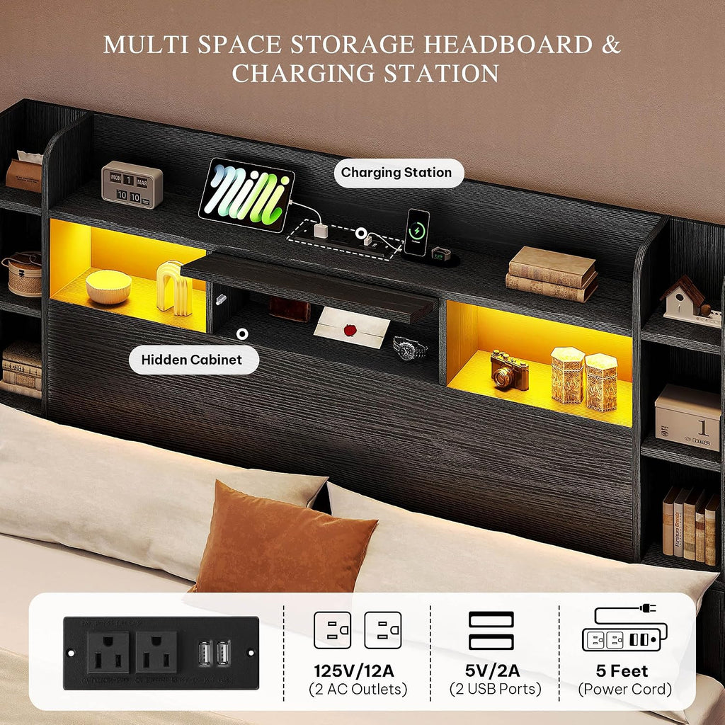 YITAHOME Queen Size Bed Frame with Bookcase Headboard and 4 Storage Drawers, RGB LED Bed Frame with Type-C & USB Charging Station Storage Headboard Bed, No Box Spring Needed, Noise Free, Black