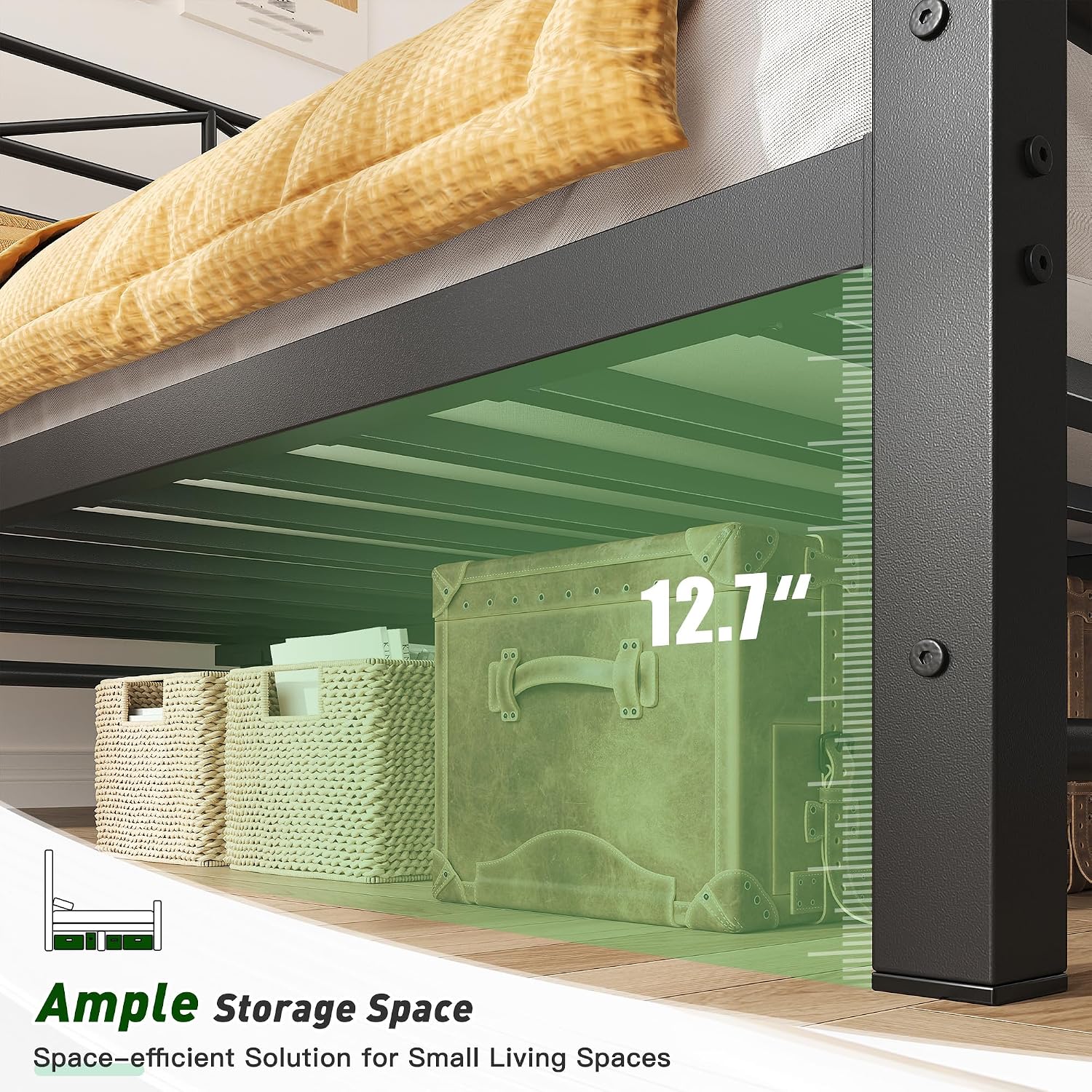 EnHomee 14.2' Metal Twin Bed Frames with Tall Headboard & Footboard, LED Light Twin Bed Frame, Strong Metal Slats Support and Noise-Free Design with Under Bed Storage/No Box Spring Needed/Black