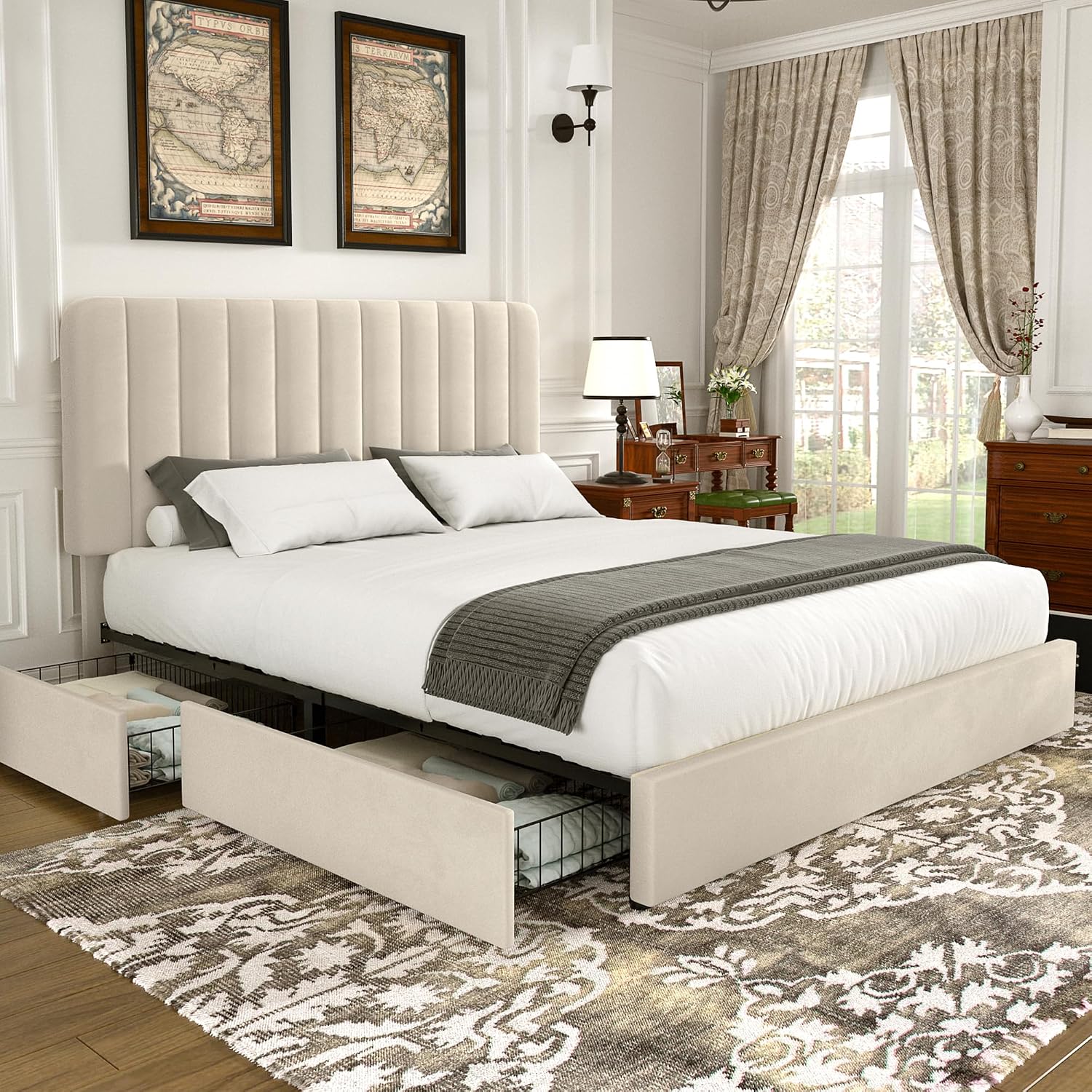 VECELO King Size Upholstered Bed Frame with 4 Drawers and Headboard, Velvet Platform Storage Bedframe, Wooden Slats Support, No Box Spring Needed,Bone Beige