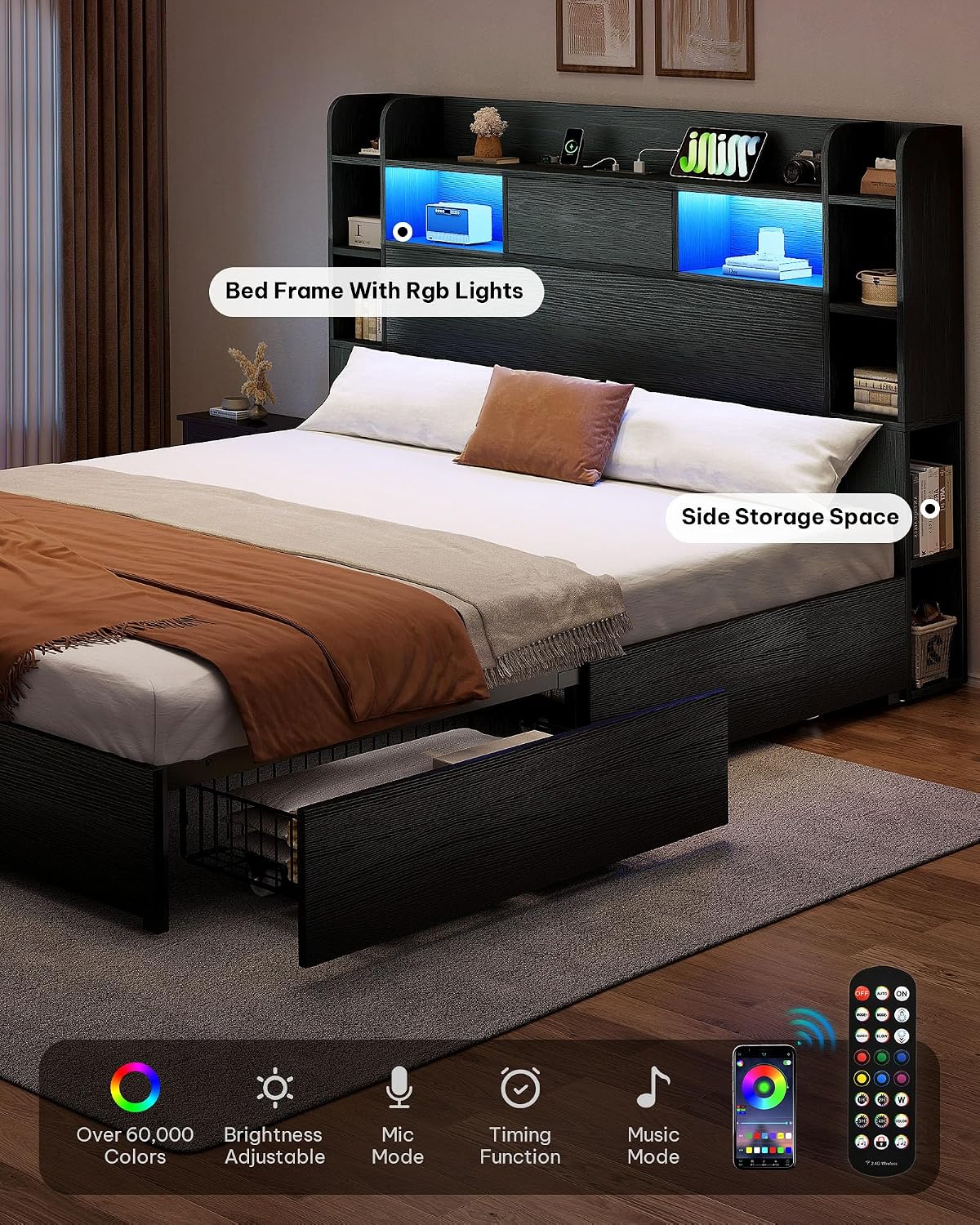 YITAHOME Queen Size Bed Frame with Bookcase Headboard and 4 Storage Drawers, RGB LED Bed Frame with Type-C & USB Charging Station Storage Headboard Bed, No Box Spring Needed, Noise Free, Black