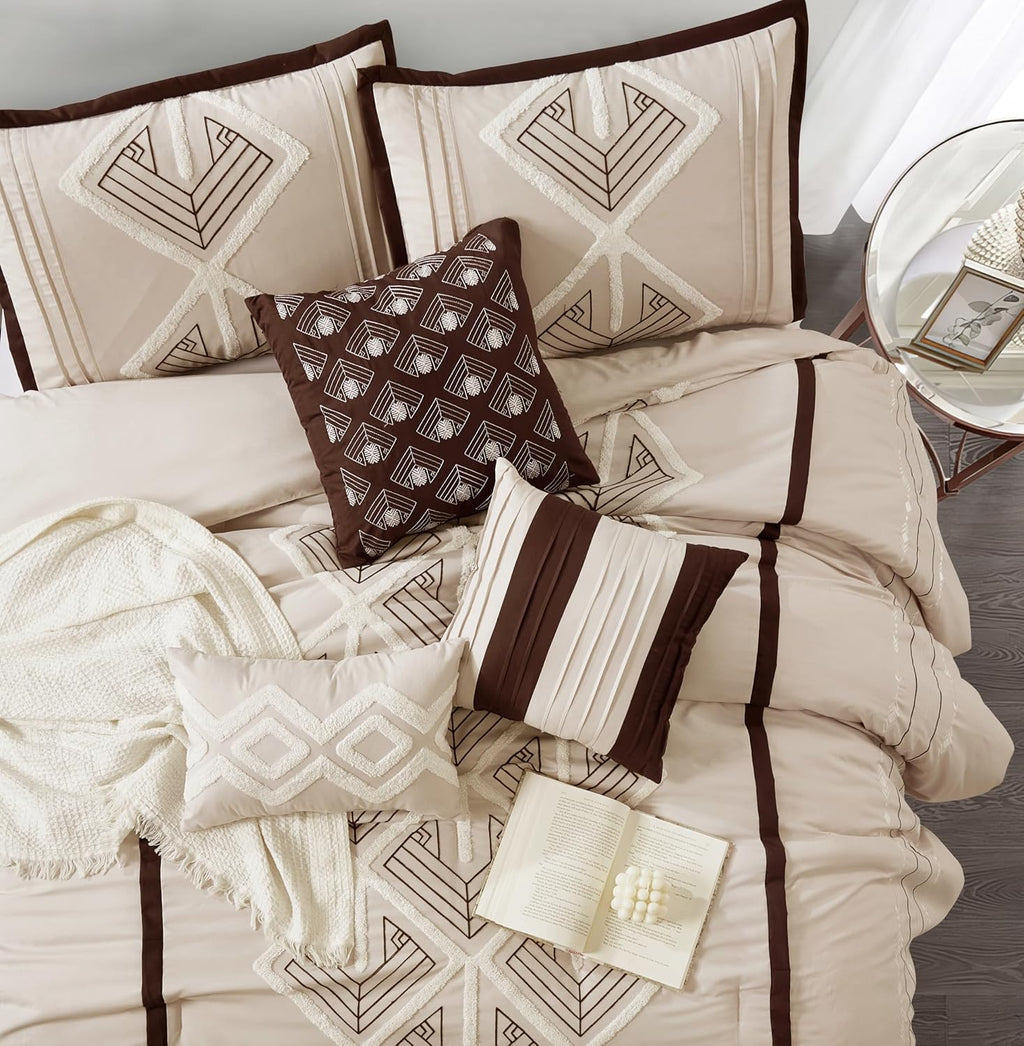 Stratford Park Brown Comforter Set King Size, 7 Piece, Terry Embroidery Geometric Home Decor, Matcking Bed Skirt, Pillows & Shams, All Season Bedding Set