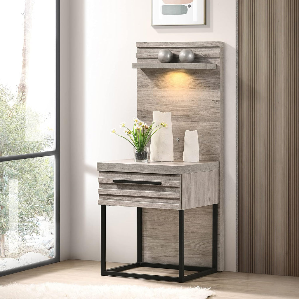 Roundhill Furniture Alvear Upholstered Wood Wallbed Bed with White LED Lights, Dresser, Mirror, Chest, and 2 Nightstands, Queen, Weathered Gray