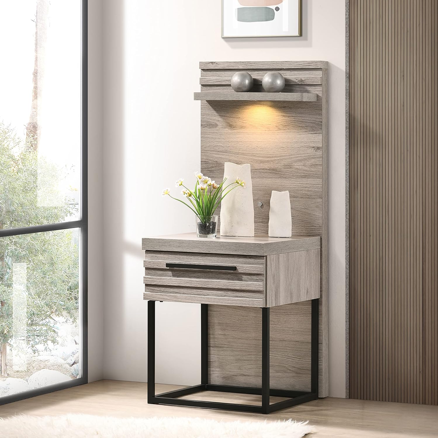 Roundhill Furniture Alvear Upholstered Wood Wallbed Bed with White LED Lights, Dresser, Mirror, Chest, and 2 Nightstands, Queen, Weathered Gray