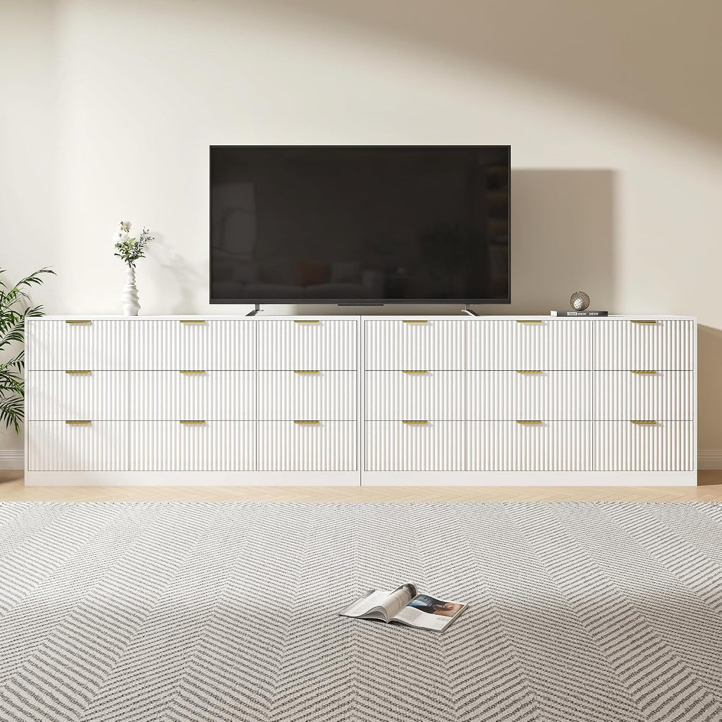 White Dresser Set of 2, Long Dresser for Bedroom Wooden with 18 Drawers, Fluted Modern Bedroom Furniture Set, TV Stand Dressers & Chests of Drawers for Closet (15.7'D x 125.8'W x 31.8'H)