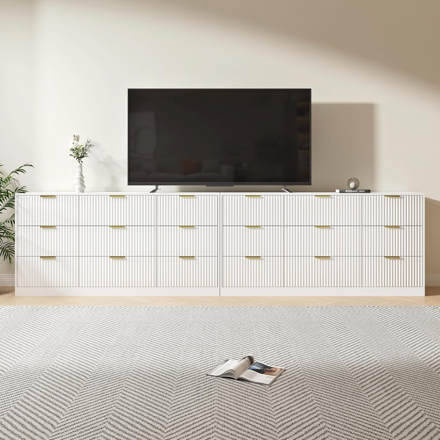 White Dresser Set of 2, Long Dresser for Bedroom Wooden with 18 Drawers, Fluted Modern Bedroom Furniture Set, TV Stand Dressers & Chests of Drawers for Closet (15.7'D x 125.8'W x 31.8'H)