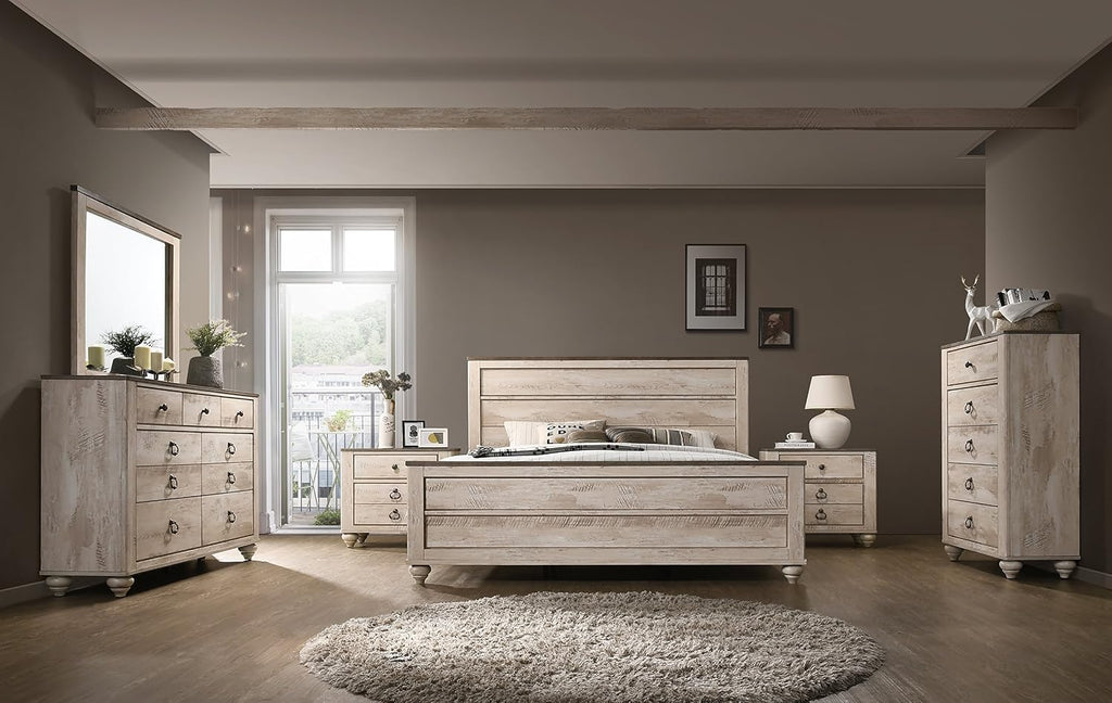 Roundhill Furniture Imerland Contemporary White Wash Finish Bedroom Set (6-Piece),