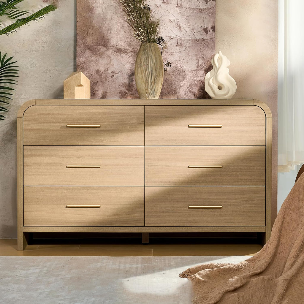 Curved 6-Drawer Dresser for Bedroom, 54' Wide Modern Chest of Drawers, Vanity Desk TV Stand for Living Room, Closet Storage Drawers Organizer Furniture, Nursery, Hallway, Oak