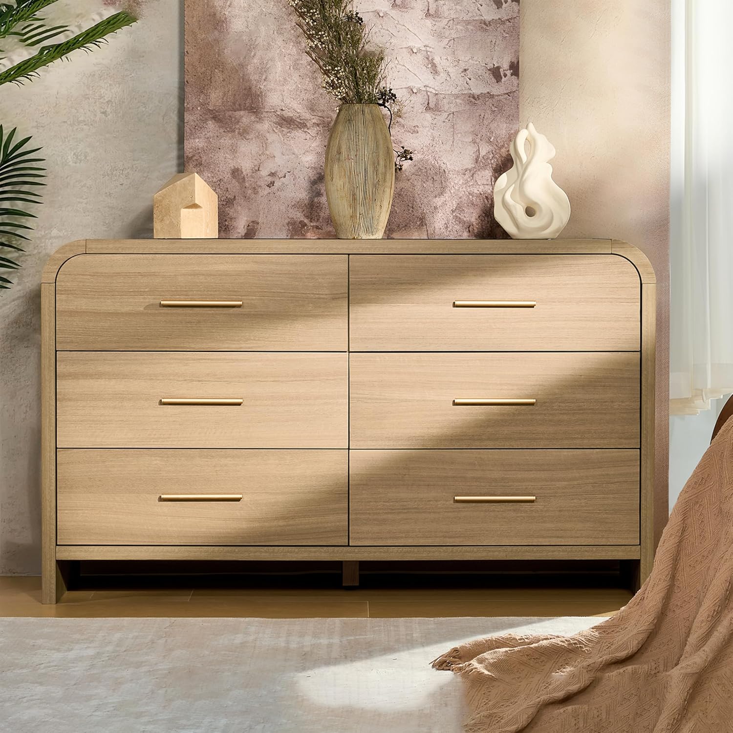 Curved 6-Drawer Dresser for Bedroom, 54' Wide Modern Chest of Drawers, Vanity Desk TV Stand for Living Room, Closet Storage Drawers Organizer Furniture, Nursery, Hallway, Oak