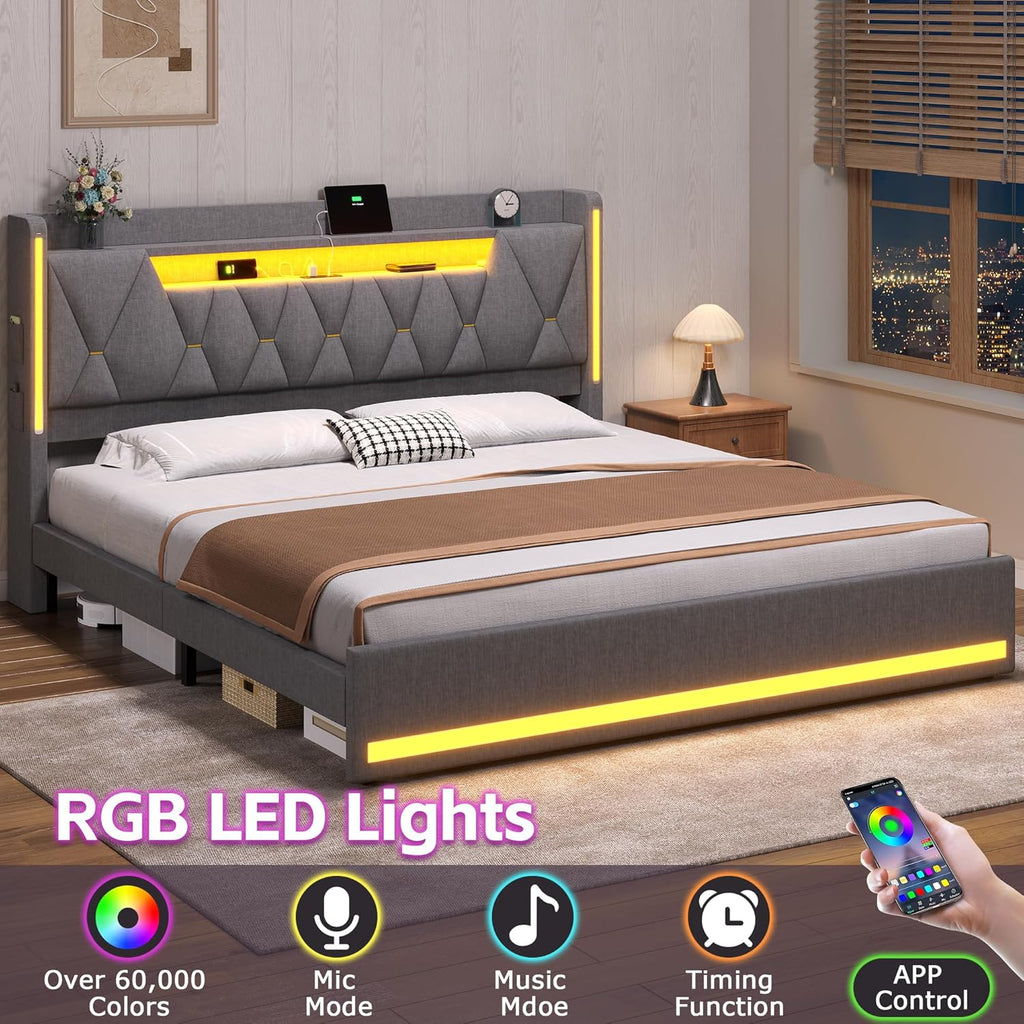 BYSAUD California King Bed Frames, Cal King Bed Frame with Storage Headboard & Hidden Space, Platform Bed Frame with LED Lights & Charging Station, No Noise, No Box Spring Needed, Dark Gray, Linen