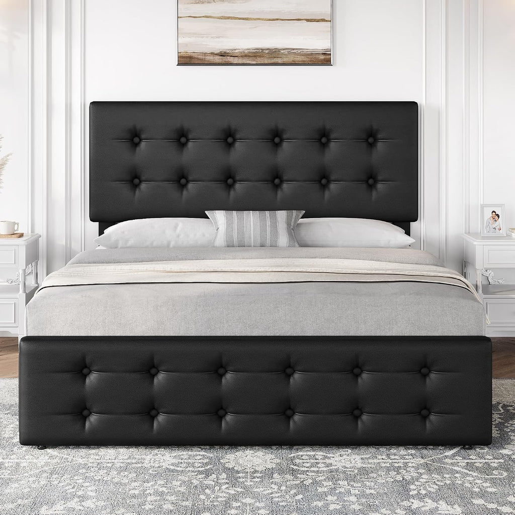 IDEALHOUSE Full Size Bed Frame with 4 Storage Drawers and Headboard, Faux Leather Upholstered Platform Bed Frame with Wooden Slats Support, Button Tufted Design, No Box Spring Needed, Black