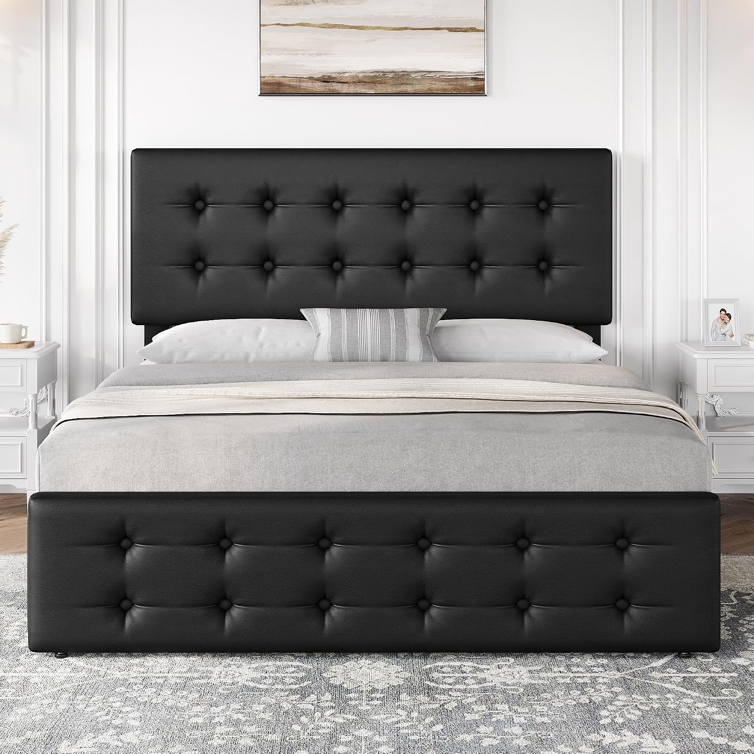 IDEALHOUSE Full Size Bed Frame with 4 Storage Drawers and Headboard, Faux Leather Upholstered Platform Bed Frame with Wooden Slats Support, Button Tufted Design, No Box Spring Needed, Black