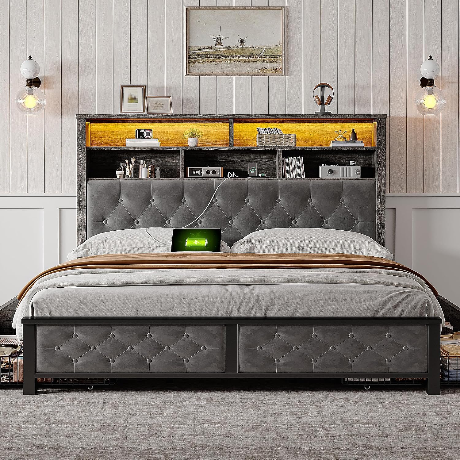 EnHomee Queen Bed Frame with Storage Headboard & 4 Drawers,Wooden Bed Frame Queen Size with Charging Station & LED Lights Upholstered,NO Noise,No Box Spring Needed,Gray