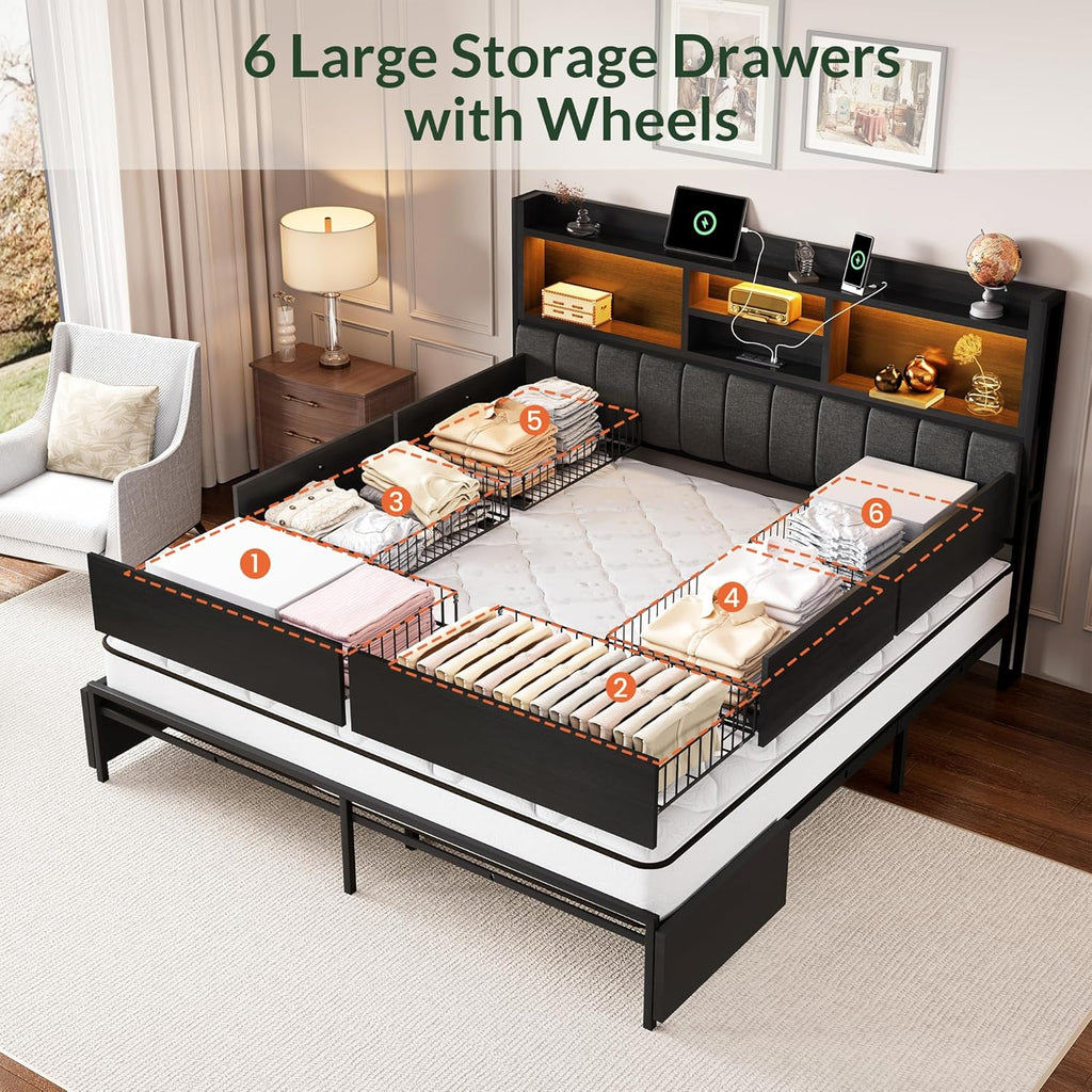 LARMACE King Bed Frame with 6 Storage Drawers, Bed Frame King Size with Linen Upholstered Headboard, Built in Charging Station and LED, No Noise, Metal Support, No Box Spring Needed,Vintage Black
