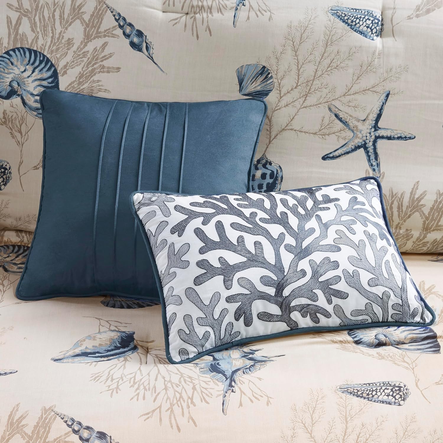 Madison Park 100% Cotton Comforter Set - Coastal Coral, Starfish Design All Season Down Alternative Cozy Bedding with Matching Shams, Decorative Pillow, Queen(90'x90'), Taupe 7 Piece