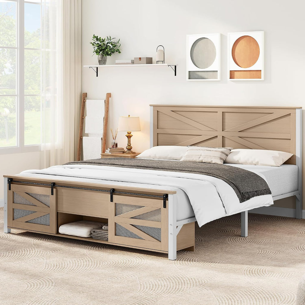YITAHOME Queen Size Farmhouse Wood Bed Frame with Sliding Barn Door Storage Cabinets and Headboard, Solid Wood Slats Support, Noiseless, No Box Spring Needed, Rustic Brown