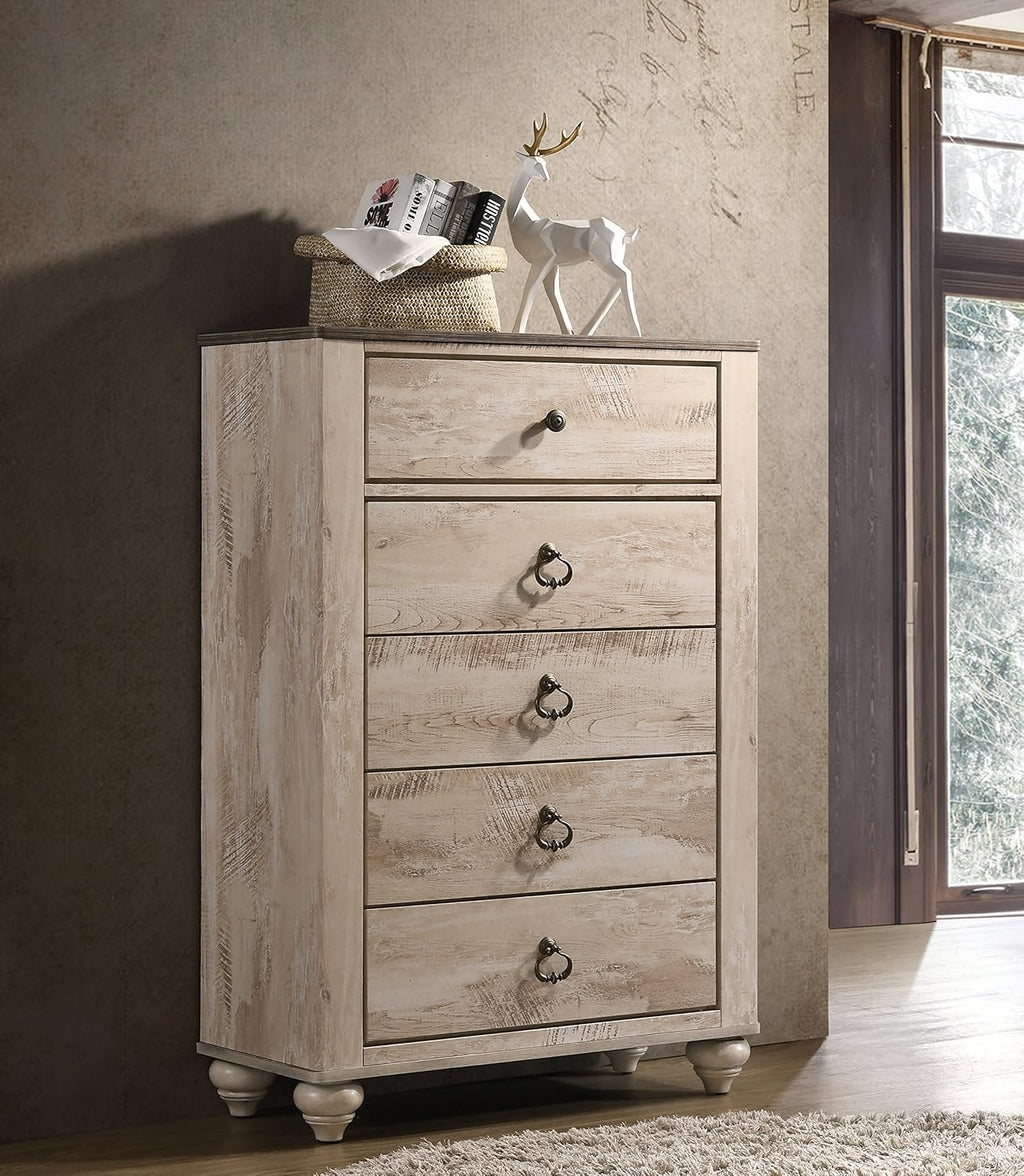 Roundhill Furniture Imerland Contemporary White-wash Finished 5-Piece Sleigh Headboard Bedroom Set, Queen