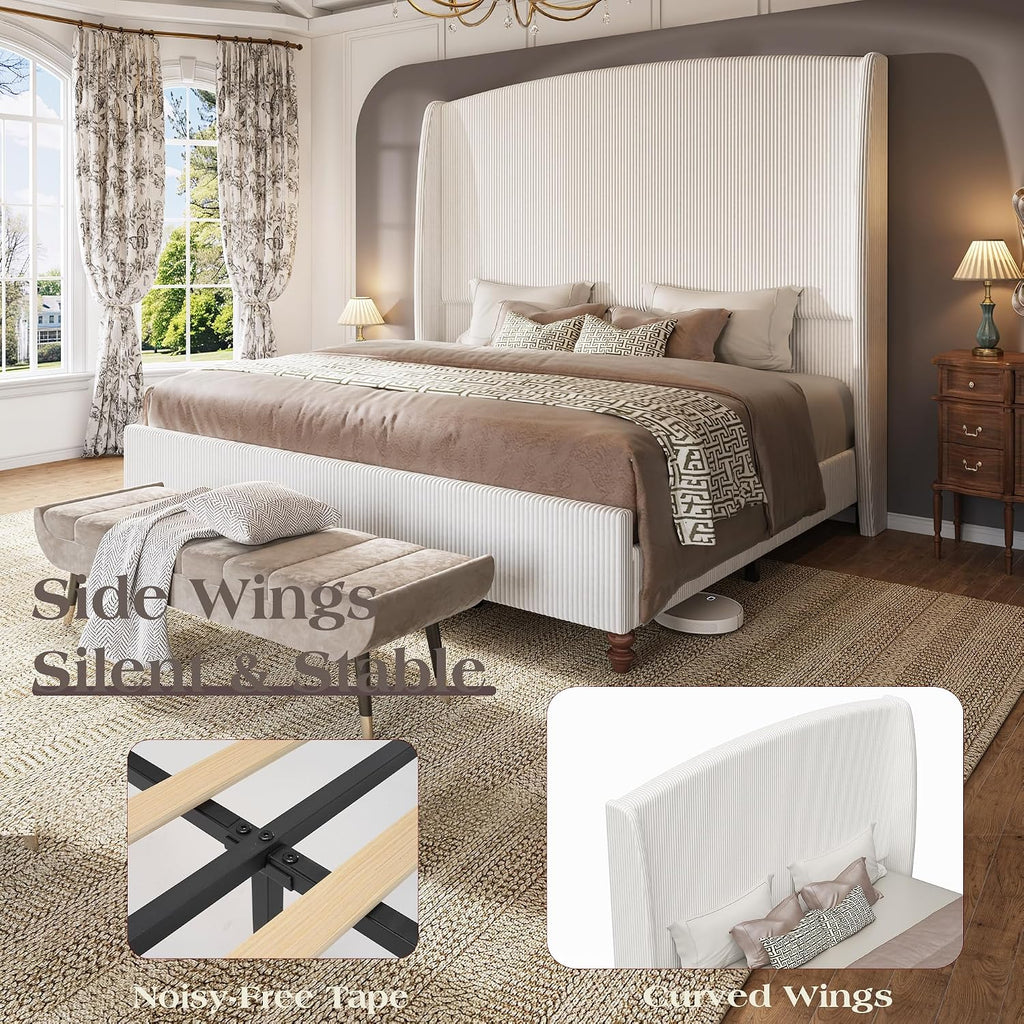 65.7' Tall Headboard King Size Upholstered Bed Frame with Wingback, Soft Washable Corduroy Beds Cover, Solid Wood Legs, Noise-Free, No Box Spring Needed, Cream