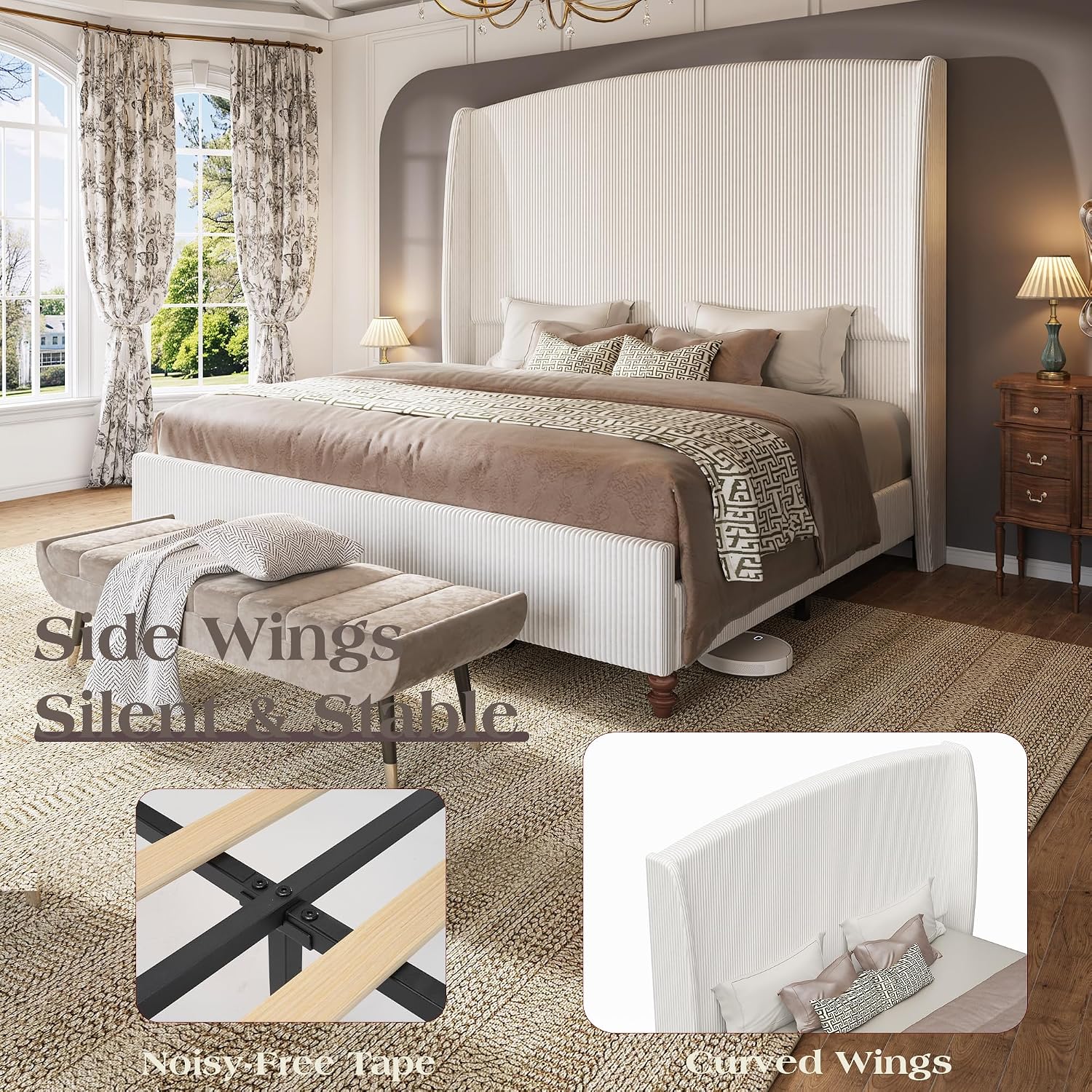 65.7' Tall Headboard California King Size Upholstered Bed Frame with Wingback, Soft Washable Corduroy Beds Cover, Solid Wood Legs, Noise-Free, No Box Spring Needed, Cream