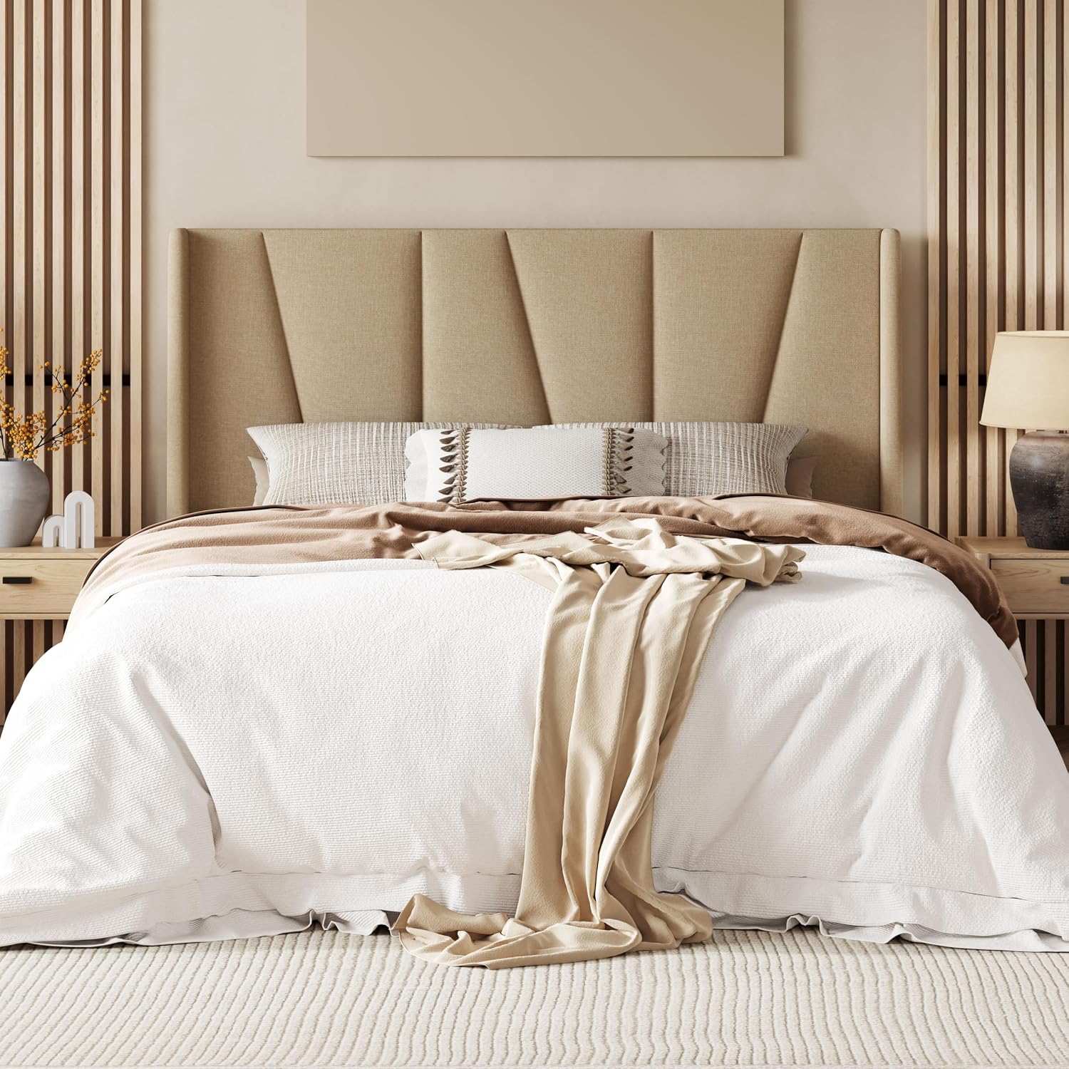 Allewie Full Size Platform Bed Frame with Geometric Wingback Headboard, Boho Upholstered Bed with Wooden Slats Support, No Box Spring Needed, Easy Assembly, Beige