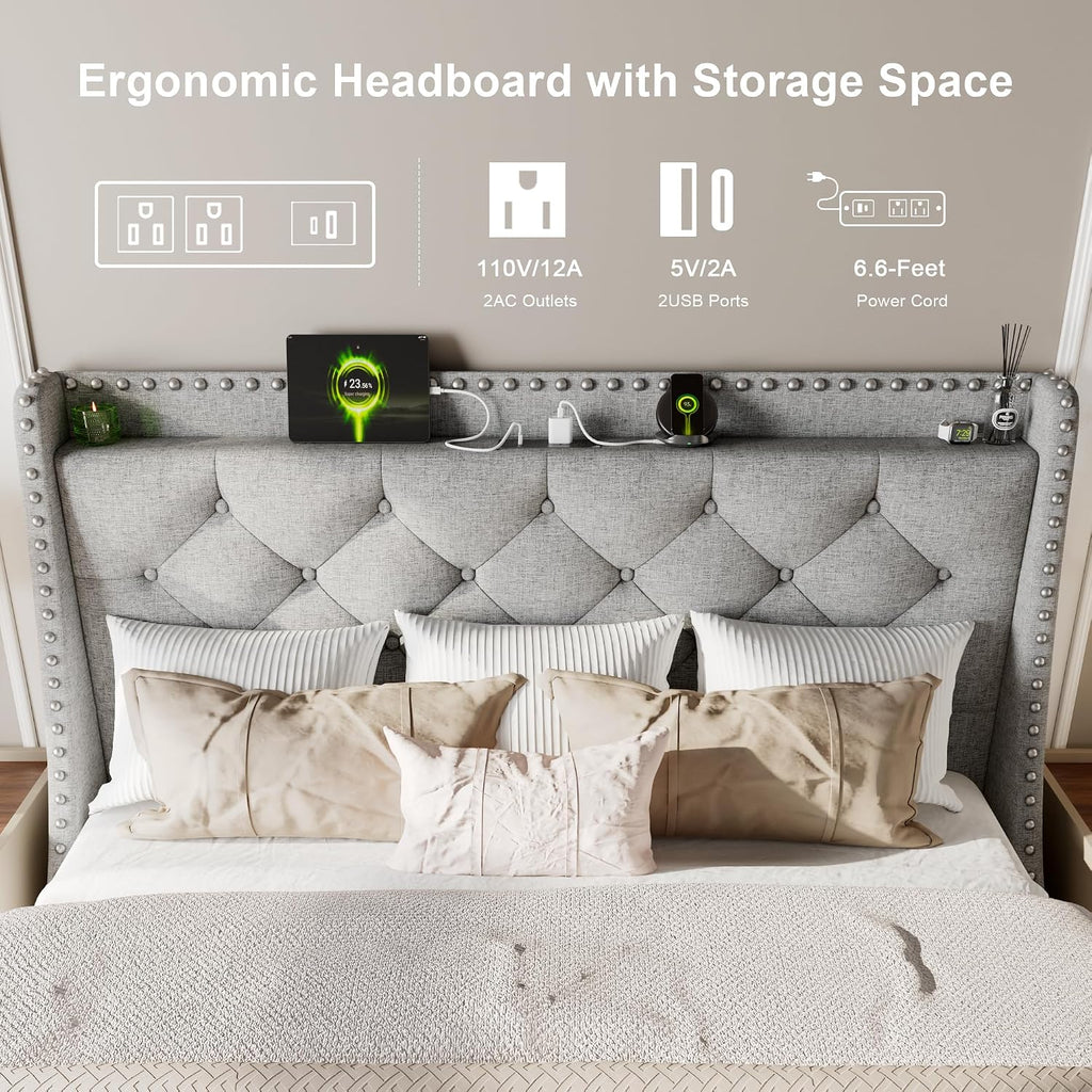 Feonase Queen Bed Frame with Luxury Wingback Upholstered Button Tufted Storage Headboard, Queen Platform Bed with Charging Station, Sturdy Wooden Slats Support, Noise-Free, Easy Assembly, Light Gray