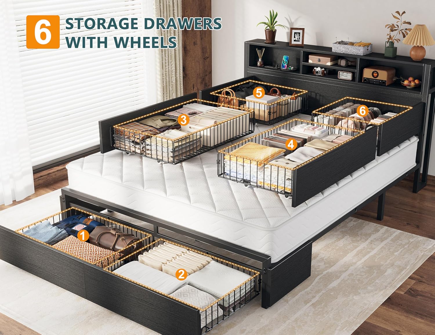 EnHomee Queen Bed Frame with 6 Storage Drawers, Headboard & Charging Station, Noise-Free Metal Platform Bed, No Box Spring Needed,Black