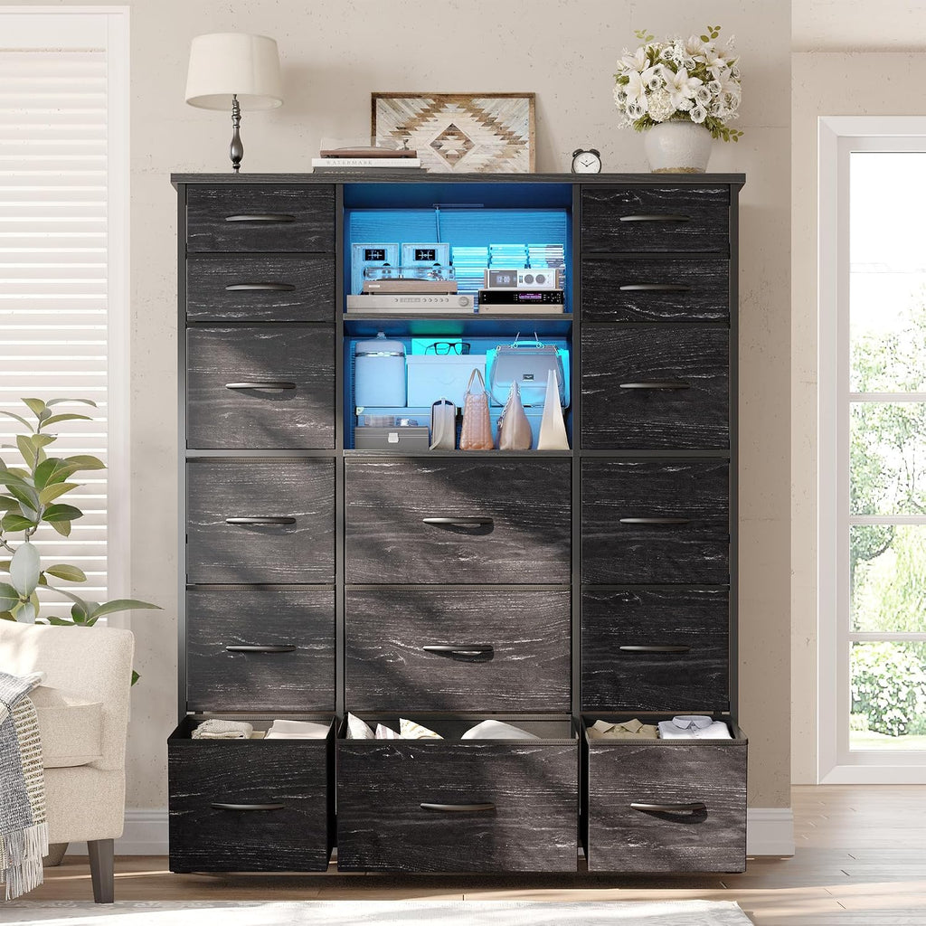 EnHomee 51' H Dresser with 15 Drawers Dresser for Bedroom with Charging Station & LED Lights & Hutch Sturdy Black Bedroom Dressers, Steel Frame, Wood Top, 51.2' H x 39.3' W x 11.8' D