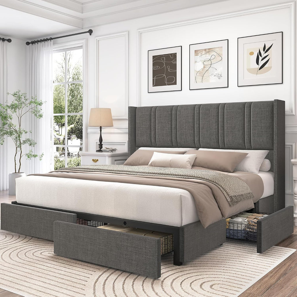 LARMACE Bed Frame Queen Size with Storage Drawers and Wingback Headboard, Linen Upholstered Platform Bed Frame with Wooden Slats, Easy Assembly, Light Grey