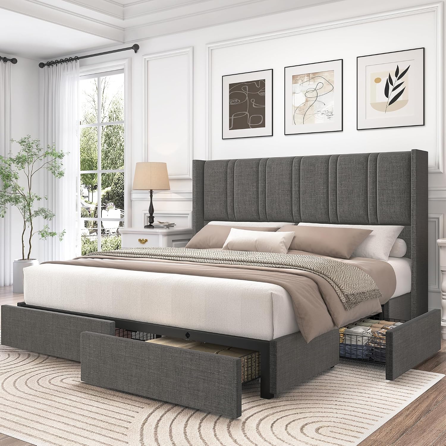 LARMACE Bed Frame Queen Size with Storage Drawers and Wingback Headboard, Linen Upholstered Platform Bed Frame with Wooden Slats, Easy Assembly, Light Grey