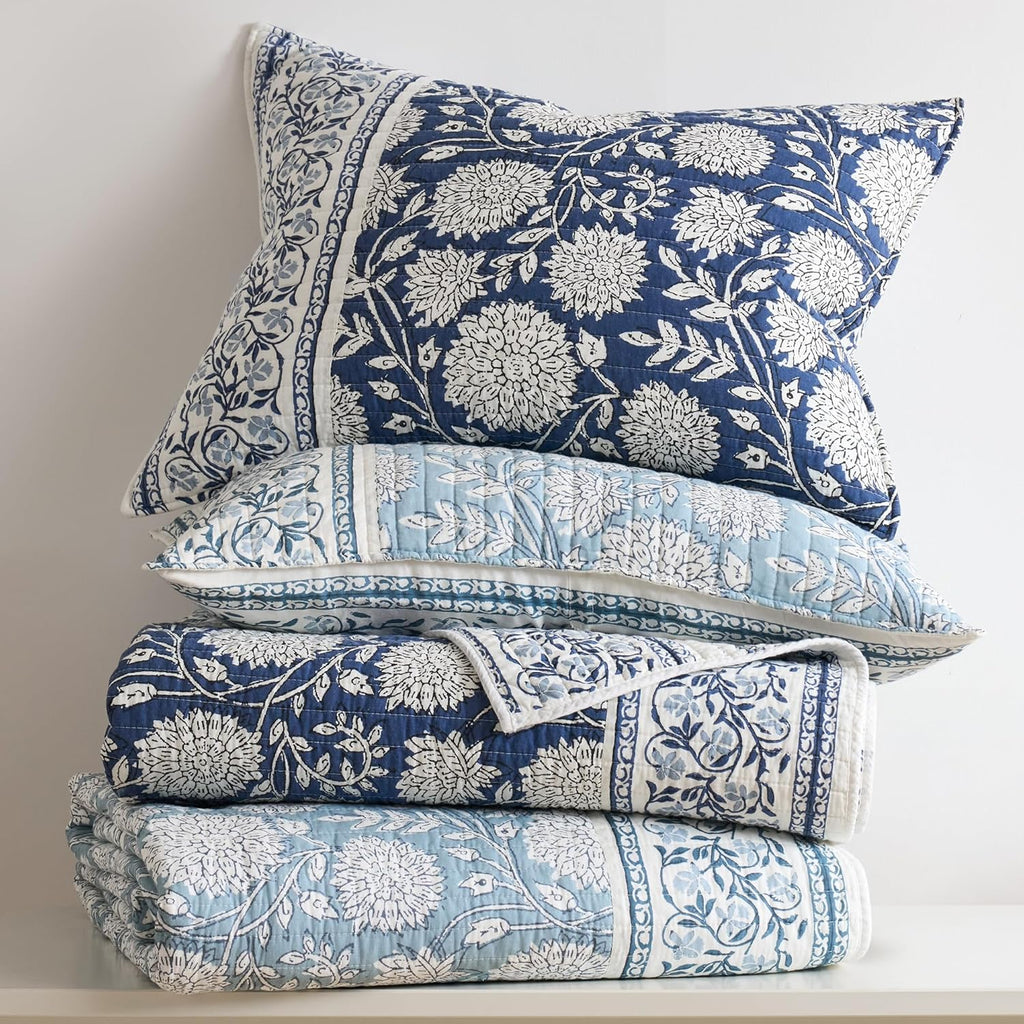 Levtex Home Adare Blue Reversible Full/Queen Quilt Set (88x92in) with 2 Pillow Shams (26x20in) - Floral Bedding - Blue White - Cotton Full/Queen Size Quilt Bedding Set - Lightweight, Soft, Pre-Washed