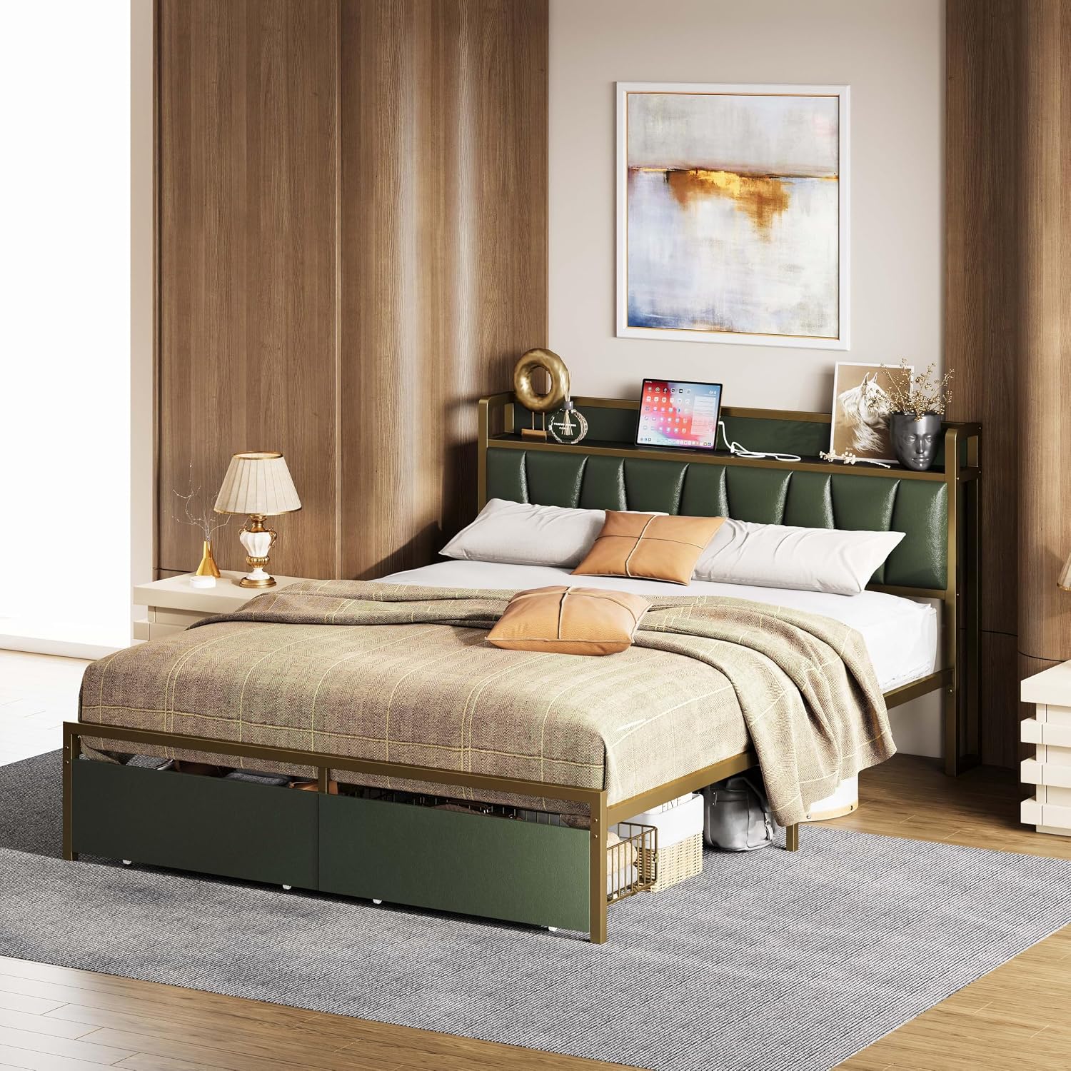 LIKIMIO Queen Bed Frame, Storage Headboard with Charging Station, Platform Bed with Drawers, No Box Spring Needed, Easy Assembly, Dark Green