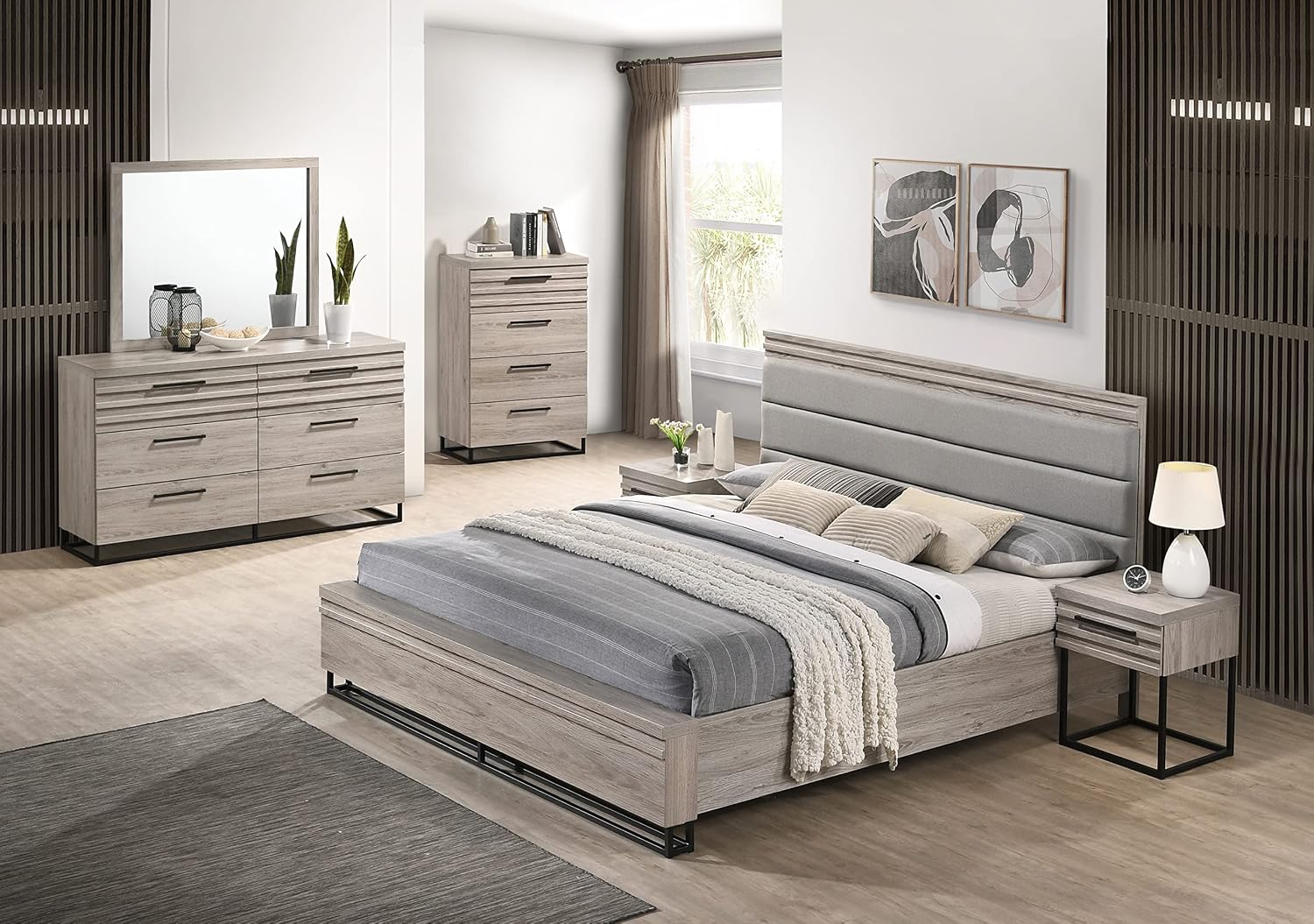 Roundhill Furniture Alvear Upholstered Wood Panel Bed, Dresser, Mirror, 2 Nightstands, and Chest, King, Weathered Gray