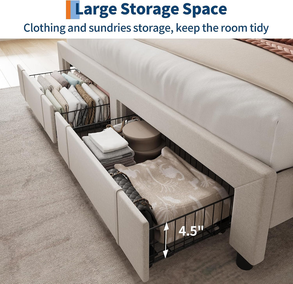 GarveeHome King Size Bed Frame with Storage Headboard, Upholstered Platform Beds with Drawers, Charging Station, Noise-Free, No Box Spring Needed, Easy Assembly, Beige