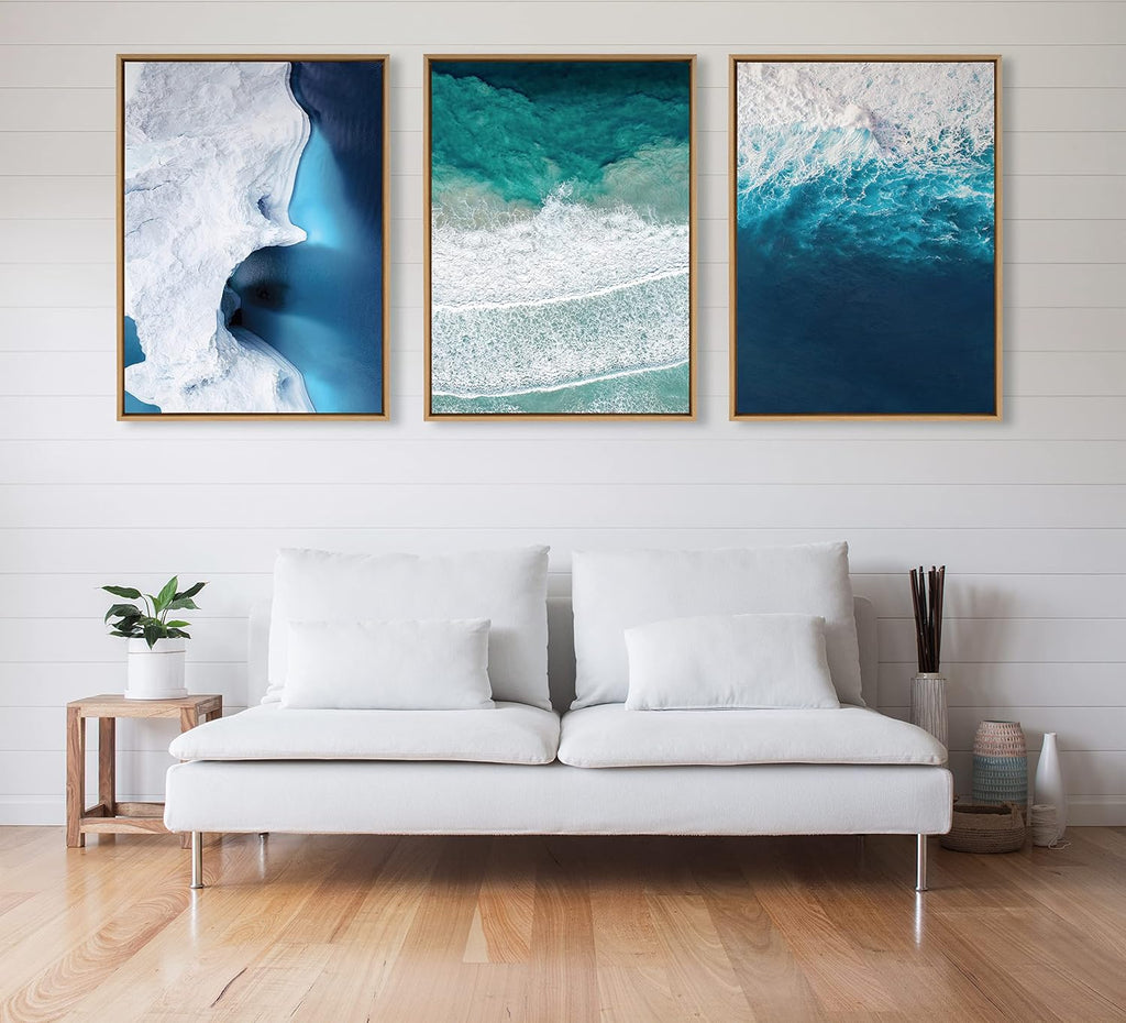 Kate and Laurel Sylvie Ocean Waves by the Bay Framed Canvas Wall Art by The Creative Bunch Studio; 28x38 Natural; Ocean Coastal Landscape Wall Décor