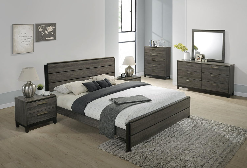 Roundhill Furniture Ioana 187 Antique Grey Finish Wood Bed Room Set, King Size Bed, Dresser, Mirror, 2 Night Stands, Chest