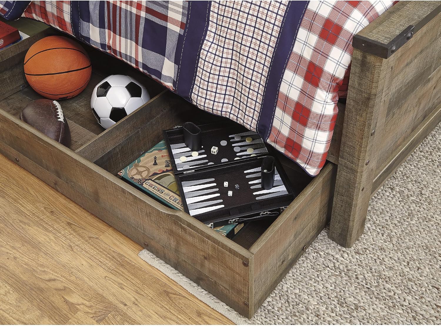 Signature Design by Ashley Trinell Rustic Bookcase Bed with Storage and Nailhead Accents, Foundation or Box Spring Not Needed, Full, Dark Brown