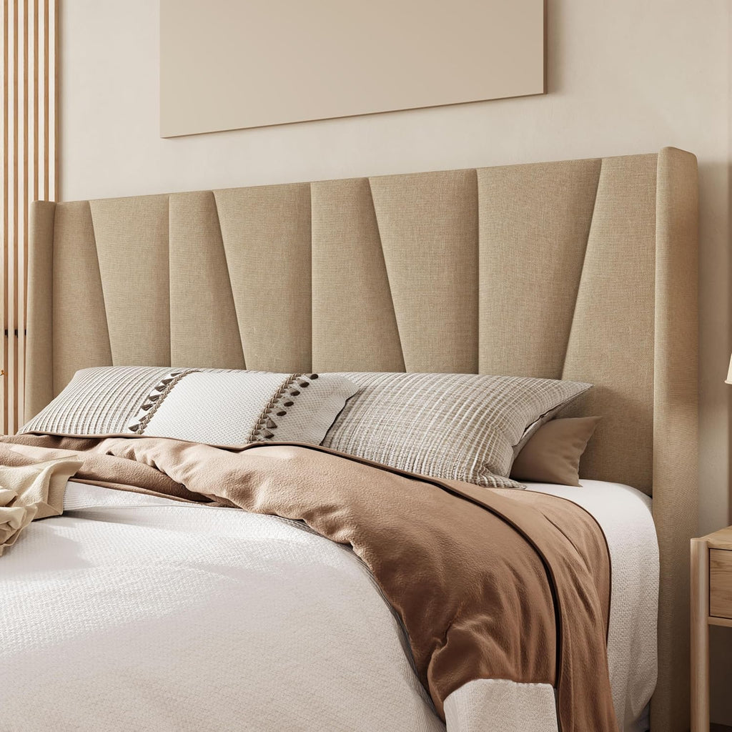 Allewie King Size Platform Bed Frame with Geometric Wingback Headboard, Boho Upholstered Bed with Wooden Slats Support, No Box Spring Needed, Easy Assembly, Beige