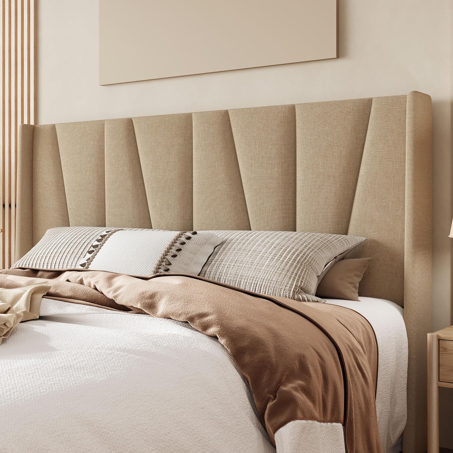 Allewie King Size Platform Bed Frame with Geometric Wingback Headboard, Boho Upholstered Bed with Wooden Slats Support, No Box Spring Needed, Easy Assembly, Beige